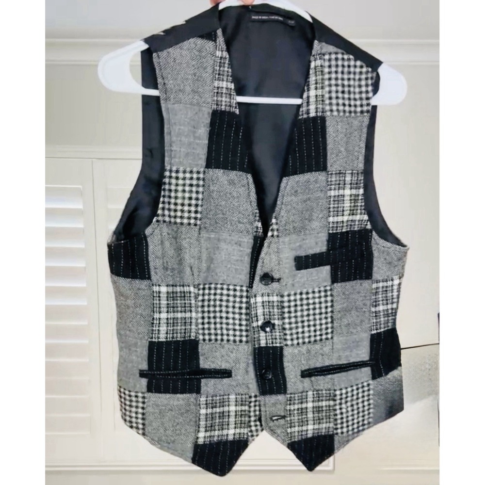 Vintage Club Monaco Mens Vest S/Small Patchwork Wool Waistcoat Black White